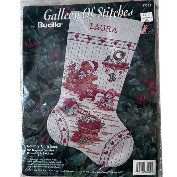 NWT Gallery of Stitches by BUCILLA Country Christmas 16" Cross-Stitch Stocking - Picture 1 of 6